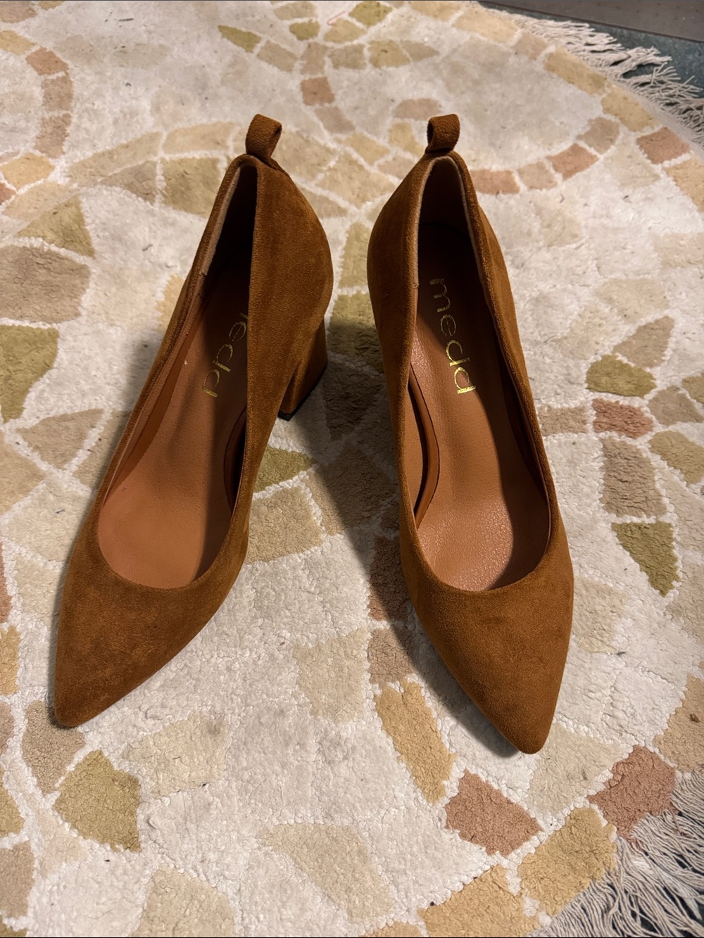 Tan Pointed Toe Block Heel Pumps in Faux Suede 5.5